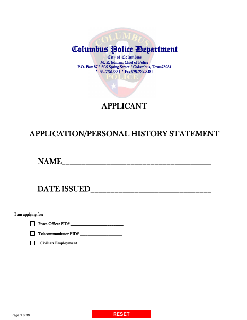 First page of the Police Department Employment Application and Personal History Statement