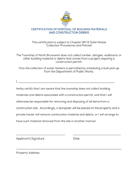 First page of the Certification of Disposal of Building Materials
