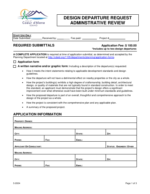 First page of the Design Departure Administrative Review Application
