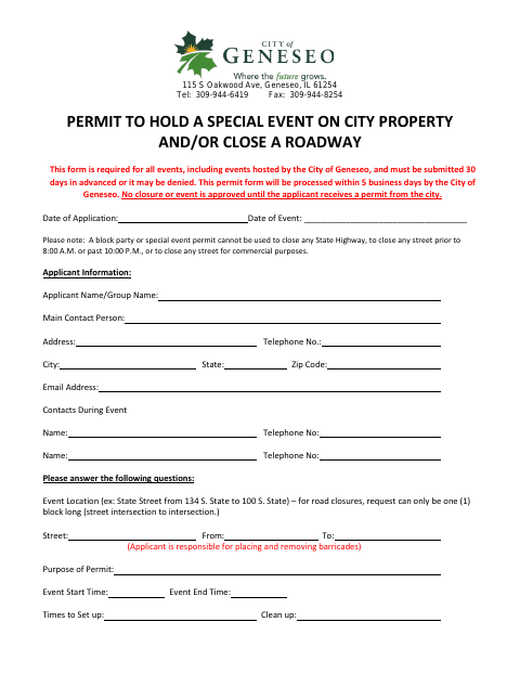 First page of the Permit to Hold a Special Event on City Property and/or Close a Roadway