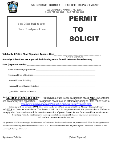 First page of the Permit to Solicit