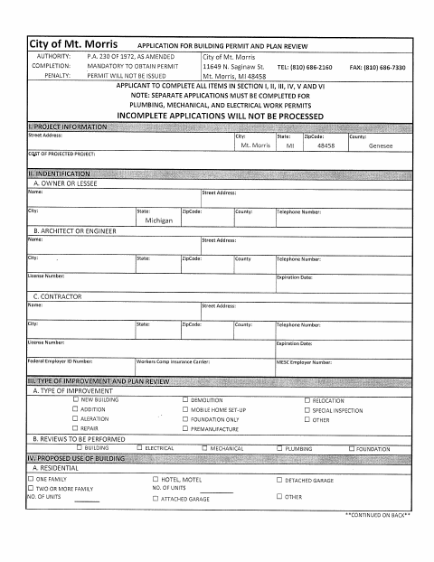 First page of the Building Permit Application and Plan Review