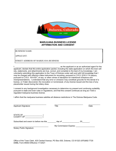 First page of the Marijuana Business License Affirmation and Consent