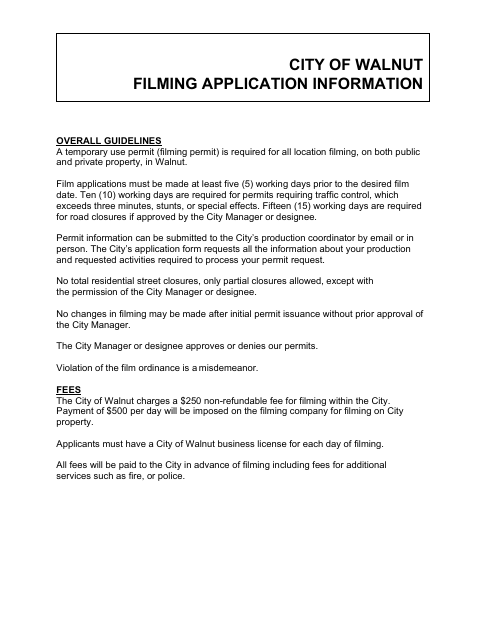 First page of the Motion Picture Filming Permit Application