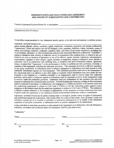First page of the Hold Harmless Agreement