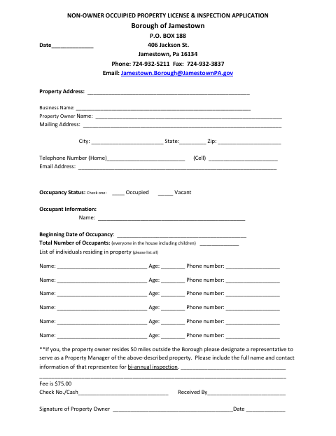 First page of the Non-Owner Occupied Property License & Inspection Application