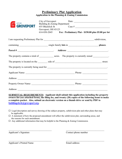 First page of the Preliminary Plat Application
