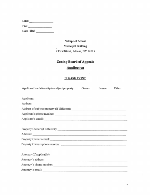 First page of the Zoning Board of Appeals Application