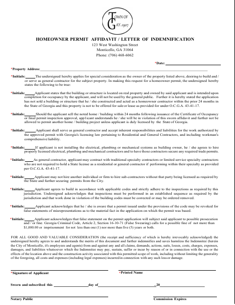 First page of the Homeowner Permit Affidavit and Letter of Indemnification