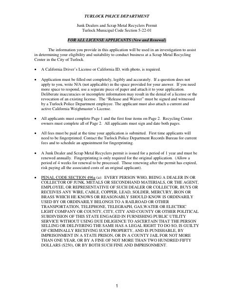 First page of the Junk Dealers and Scrap Metal Recyclers Permit