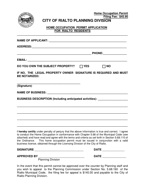 First page of the Home Occupation Permit Application