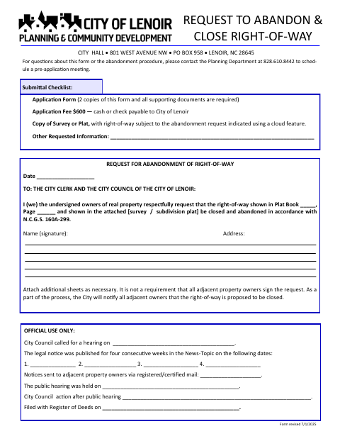 First page of the Request to Abandon and Close Right-of-Way