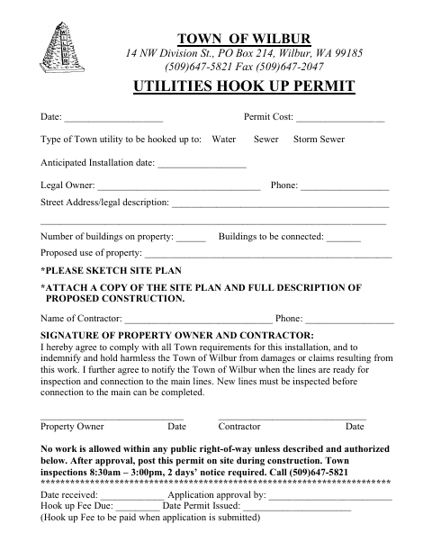 First page of the Utilities Hook Up Permit