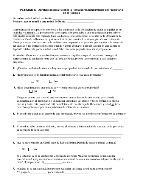 First page of the Petición C – Aprobación Para Retener la Renta por Incumplimiento del Propietario en el Registro
