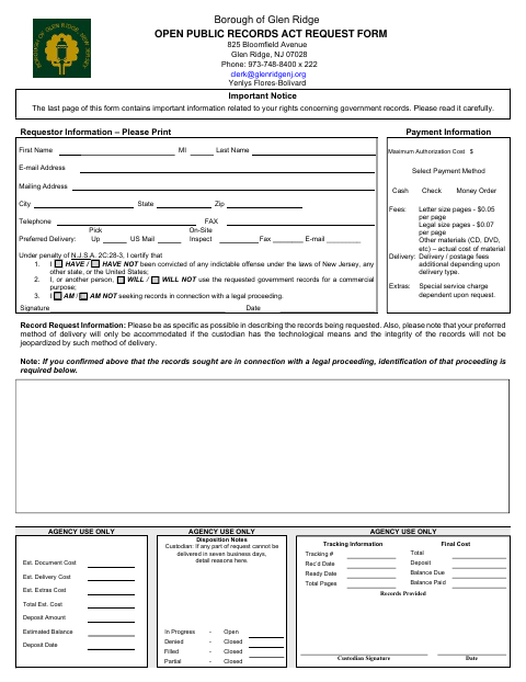 First page of the Open Public Records Act Request Form