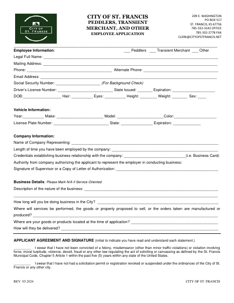 First page of the Peddler, Transient Merchant, and Other Employee Application