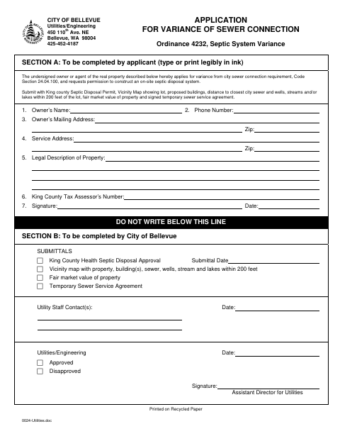 First page of the Application for Variance of Sewer Connection