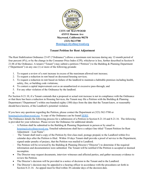First page of the Tenant Petition for Rent Adjustment