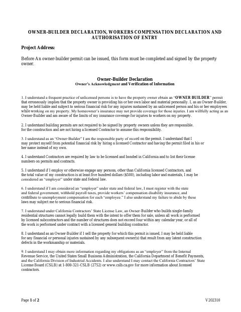 First page of the Owner-Builder Declaration, Workers Compensation Declaration and Authorization of Entry