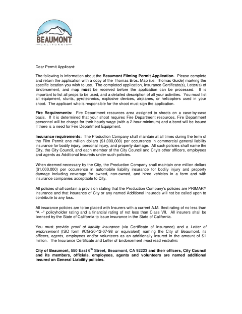 First page of the Film Permit Application