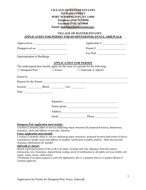 First page of the Dumpster/Pod, Fence, Sidewalk Permit Application