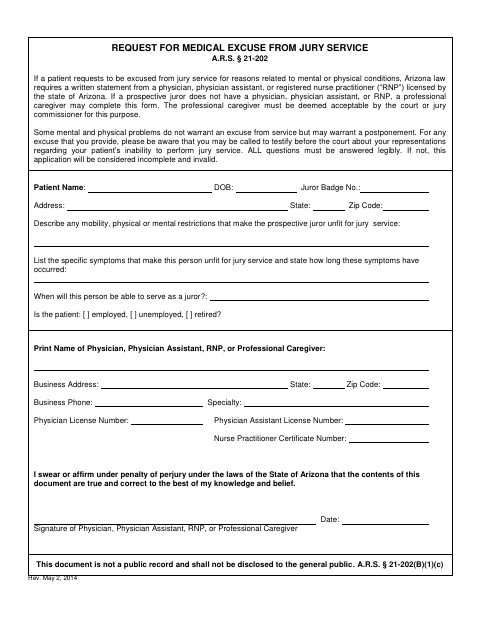 First page of the Request for Medical Excuse From Jury Service