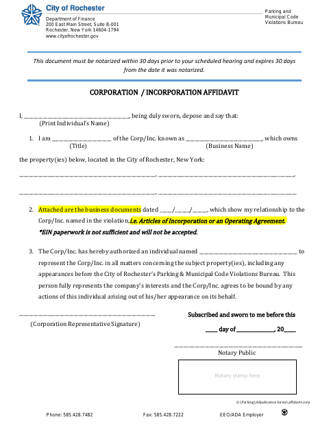First page of the Corporation / Incorporation Affidavit