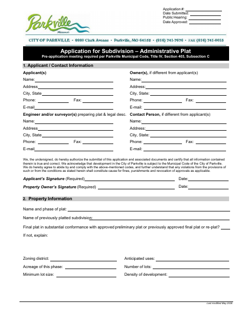 First page of the Subdivision – Administrative Plat Application