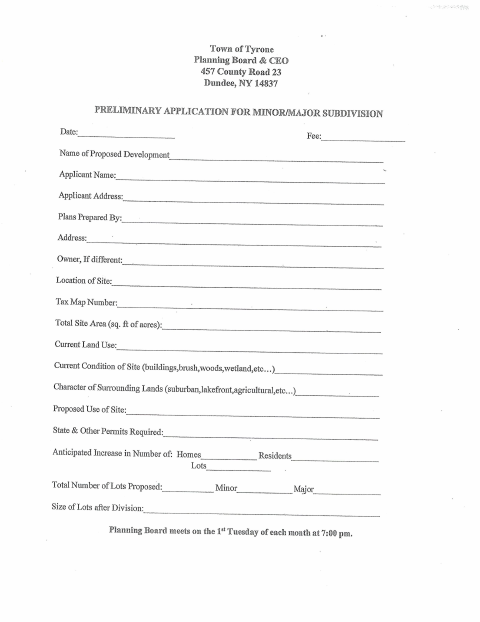 First page of the Preliminary Application for Minor/Major Subdivision