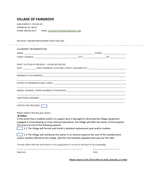 First page of the Mailbox Claimant Form