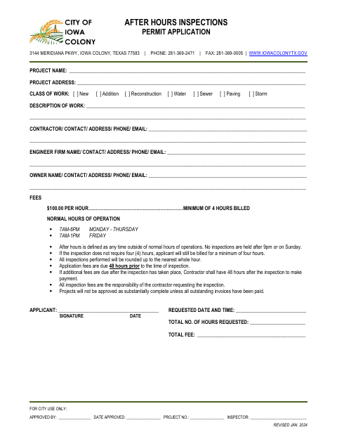 First page of the After Hours Inspections Permit Application