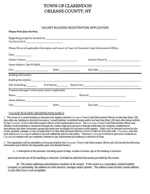 First page of the Vacant Building Registration Application