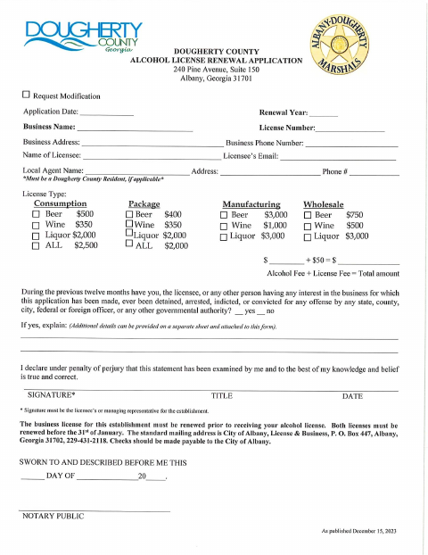First page of the Dougherty County Alcohol License Renewal Application