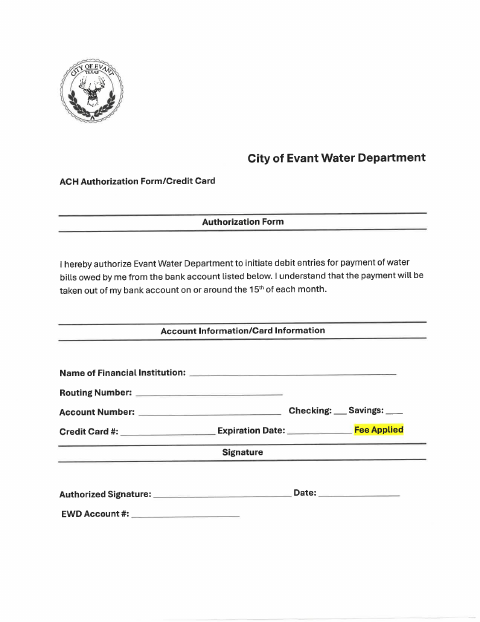 First page of the Water Department ACH Authorization Form/Credit Card Authorization Form