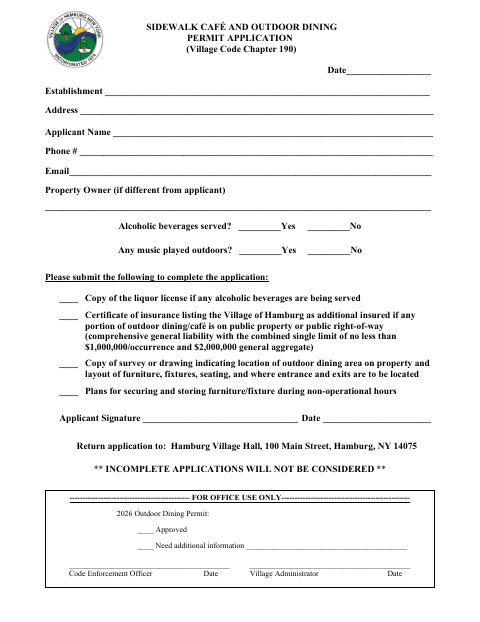 First page of the Sidewalk Café and Outdoor Dining Permit Application