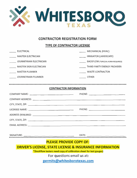 First page of the Contractor Registration Form