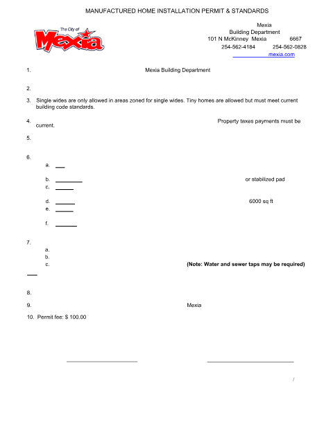 First page of the Manufactured Home Permit Application