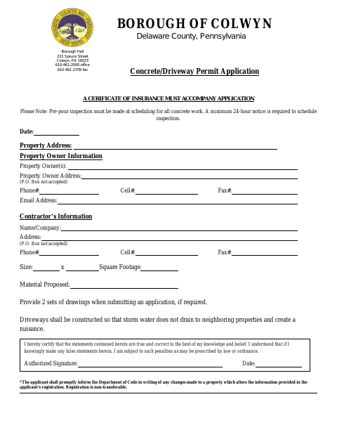 First page of the Concrete/Driveway Permit Application