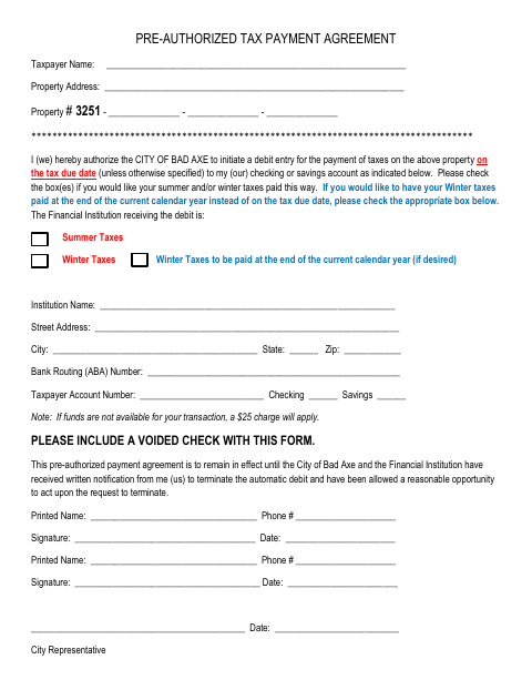 First page of the Pre-Authorized Tax Payment Agreement
