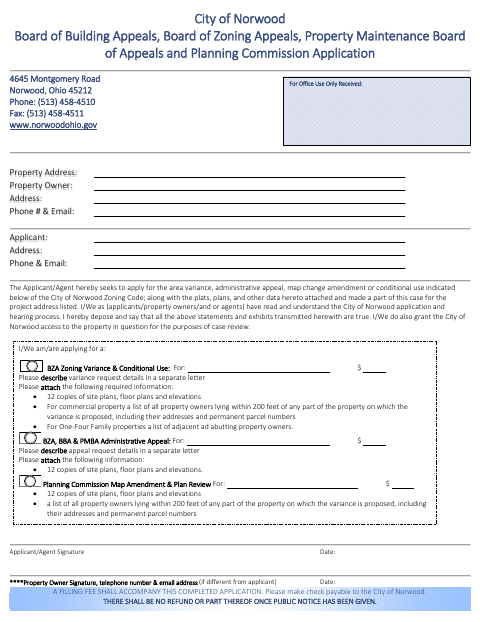 First page of the Appeals and Planning Commission Application
