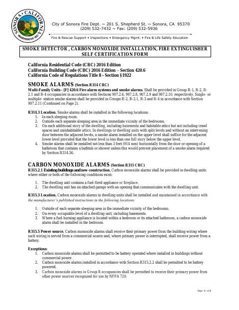 First page of the Apartment Fire Code Self-Certification Form