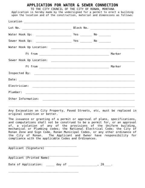 First page of the Application for Water & Sewer Connection