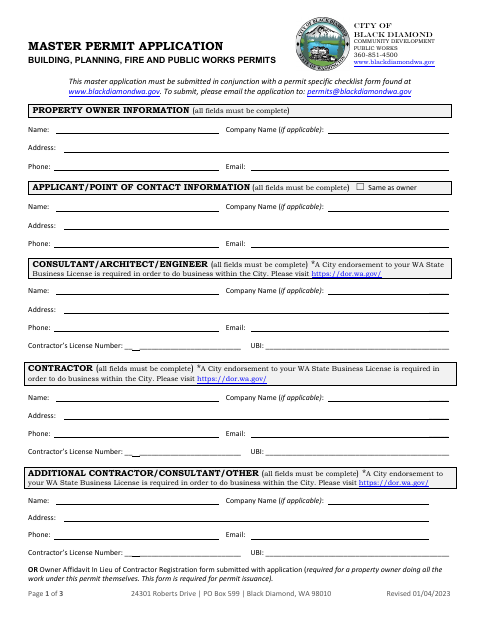 First page of the Master Permit Application