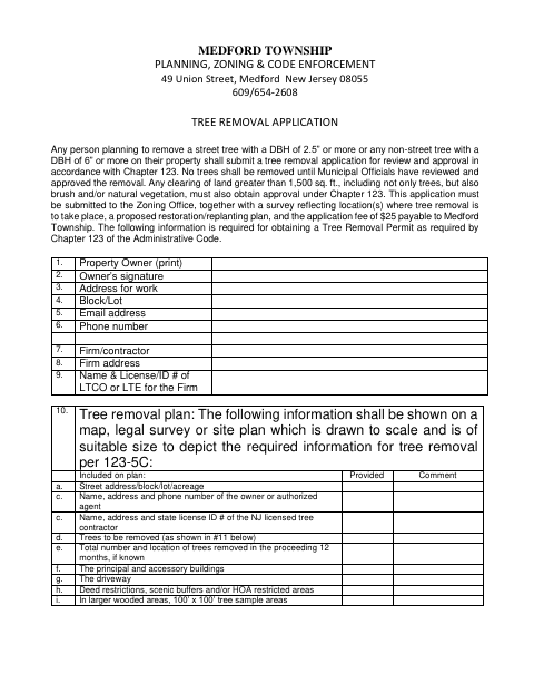 First page of the Tree Removal Application