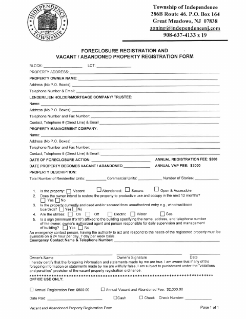 First page of the Foreclosure and Vacant/Abandoned Property Registration Form