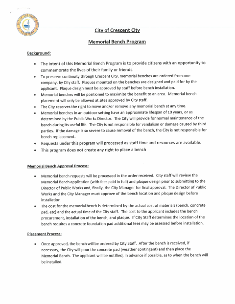 First page of the Memorial Bench Application