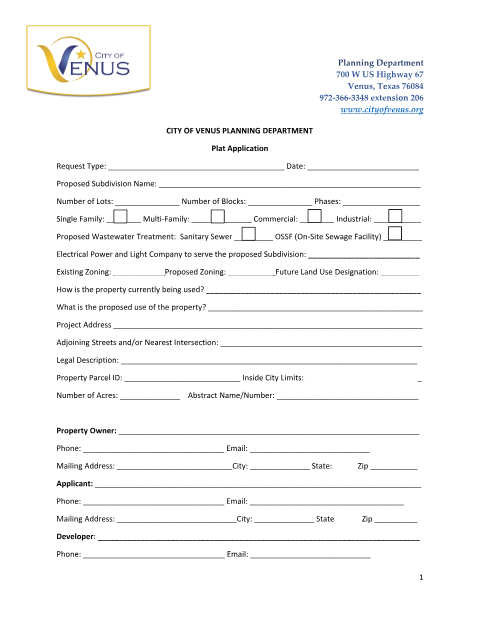 First page of the Plat Application
