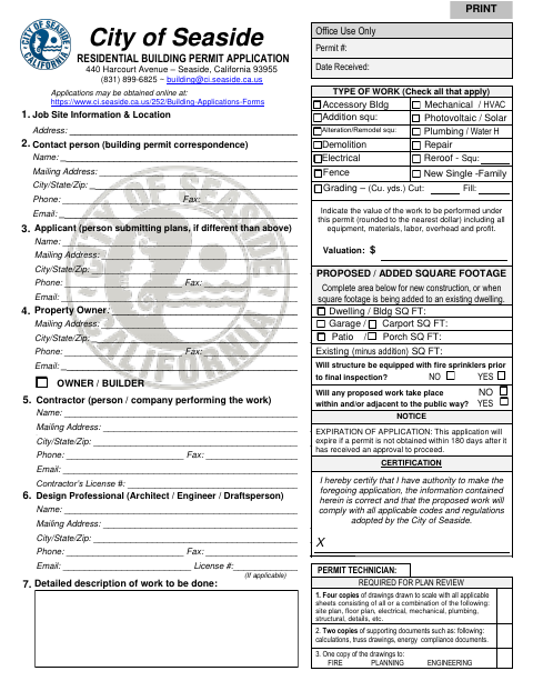 First page of the Residential Building Permit Application
