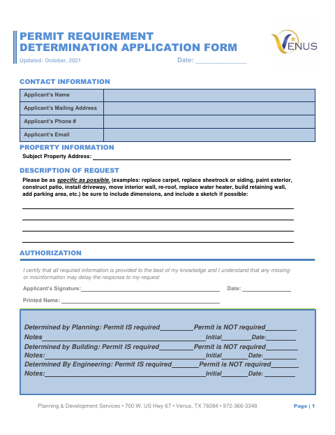First page of the Permit Requirement Determination Application Form