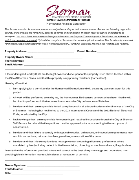 First page of the Homestead Exemption Affidavit